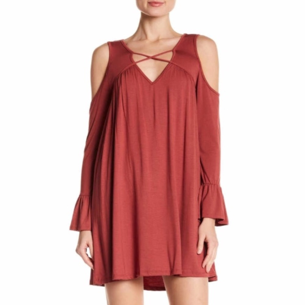 ☀️NEW Good Luck Gem Cold Shoulder Rust Red Sleeve Dress